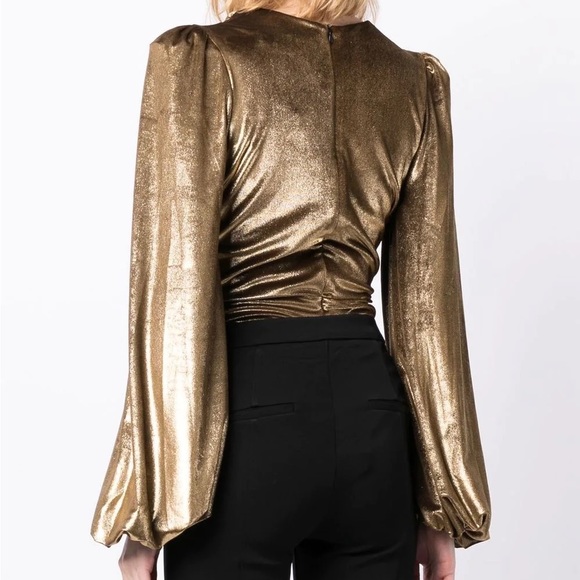 PatBO Metallic Velvet Plunge Bodysuit in Gold - Picture 2 of 5